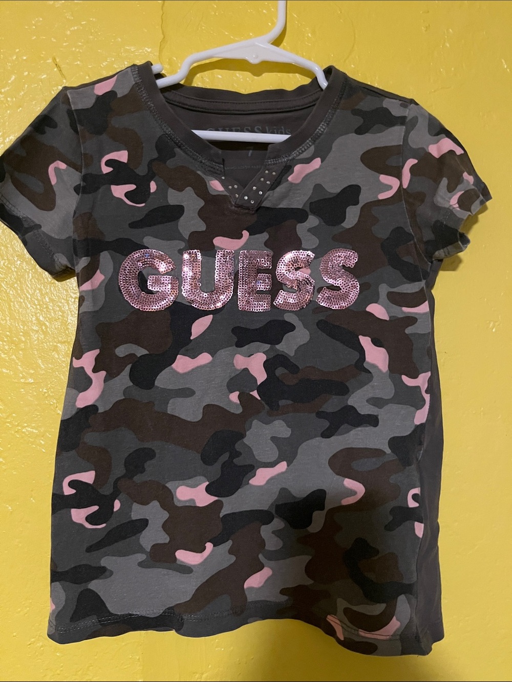 GUESS Pink & Gray Camo Sequin Logo Tee
